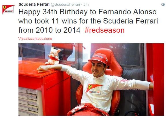 Alonso compie gli anni, il tweet della Ferrari