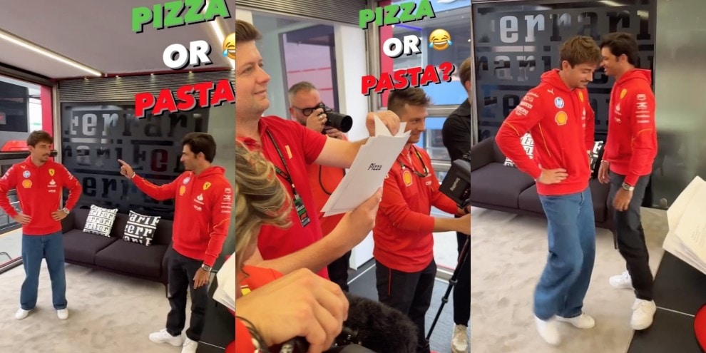 Pizza o pasta? Il simpatico siparietto di Leclerc e Sainz fa ridere tutta la Ferrari