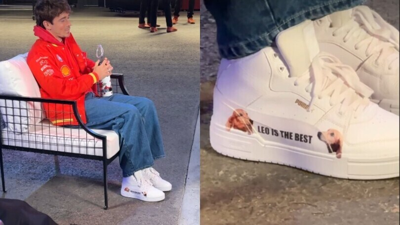 Leclerc innamoratissimo del suo Leo: il cagnolino è disegnato sulle scarpe!