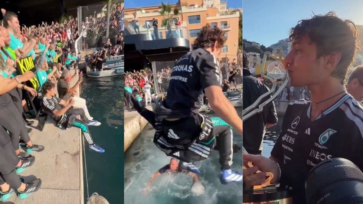 Kimi Antonelli celebra la vittoria a Monaco con il tradizionale tuffo