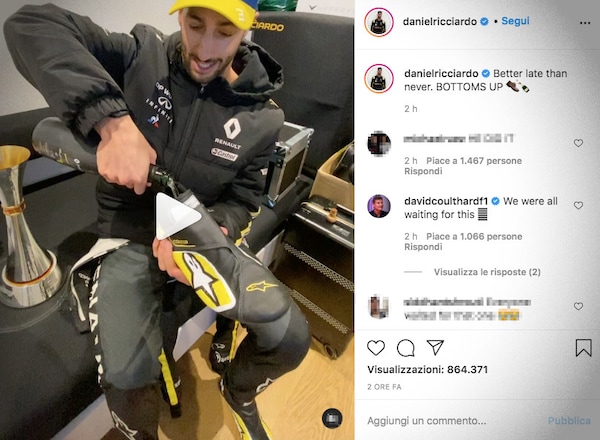 Gp Eifel, Ricciardo: "Meglio tardi che mai! Finalmente bevo lo champagne a modo mio" VIDEO