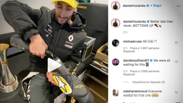 Gp Eifel, Ricciardo: "Meglio tardi che mai! Finalmente bevo lo champagne a modo mio" VIDEO