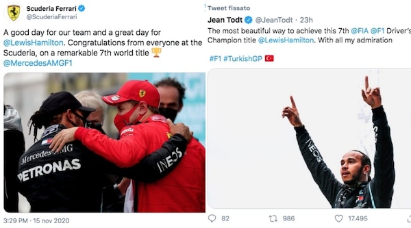Hamilton, dalla Ferrari fino a Jean Todt: gli auguri social dello sport per i 7 Mondiali FOTO