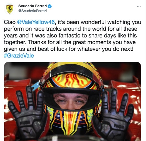 La Ferrari omaggia Rossi e non esclude un futuro insieme: "Grazie per tutti i momenti e..."