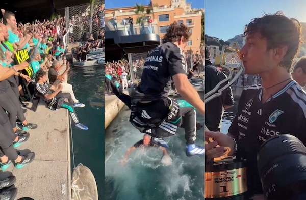 Kimi Antonelli celebra la vittoria a Monaco con il tradizionale tuffo